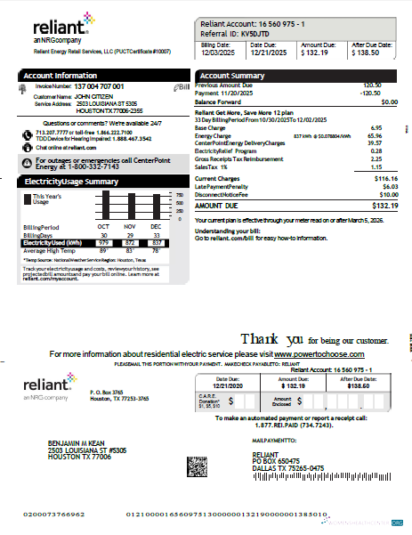 download USA Reliant Energy utility bill template in Word and PDF formats, version 2 PDF template